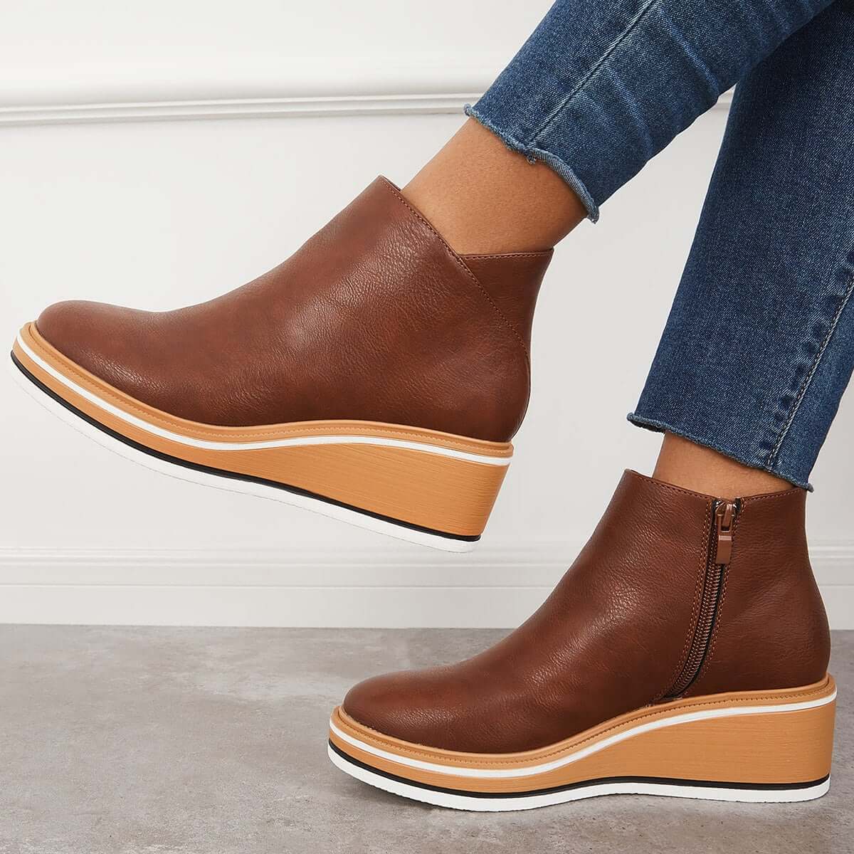 Bottines pour femme – Semelle plateforme – Fermeture éclair latérale – Cuir synthétique – Coupe ajustée Marron / 3 MAX FOR ME