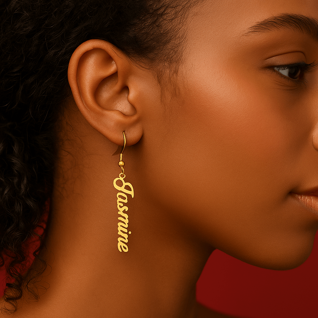 Boucles d’oreilles personnalisées à crochet – Prénom vertical en acier inoxydable Or MAX for ME