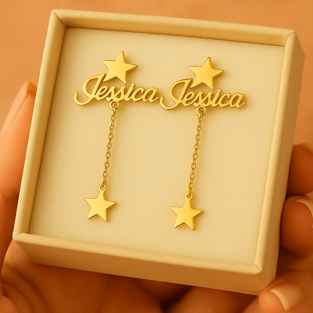 Boucles d’Oreilles Prénom Personnalisé avec Étoiles – Acier Inoxydable or Or MAX for ME