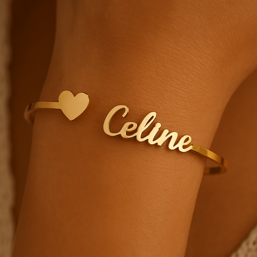 Bracelet doré personnalisé 1 prénom avec prénom et cœur Léopard Sable MAX for ME