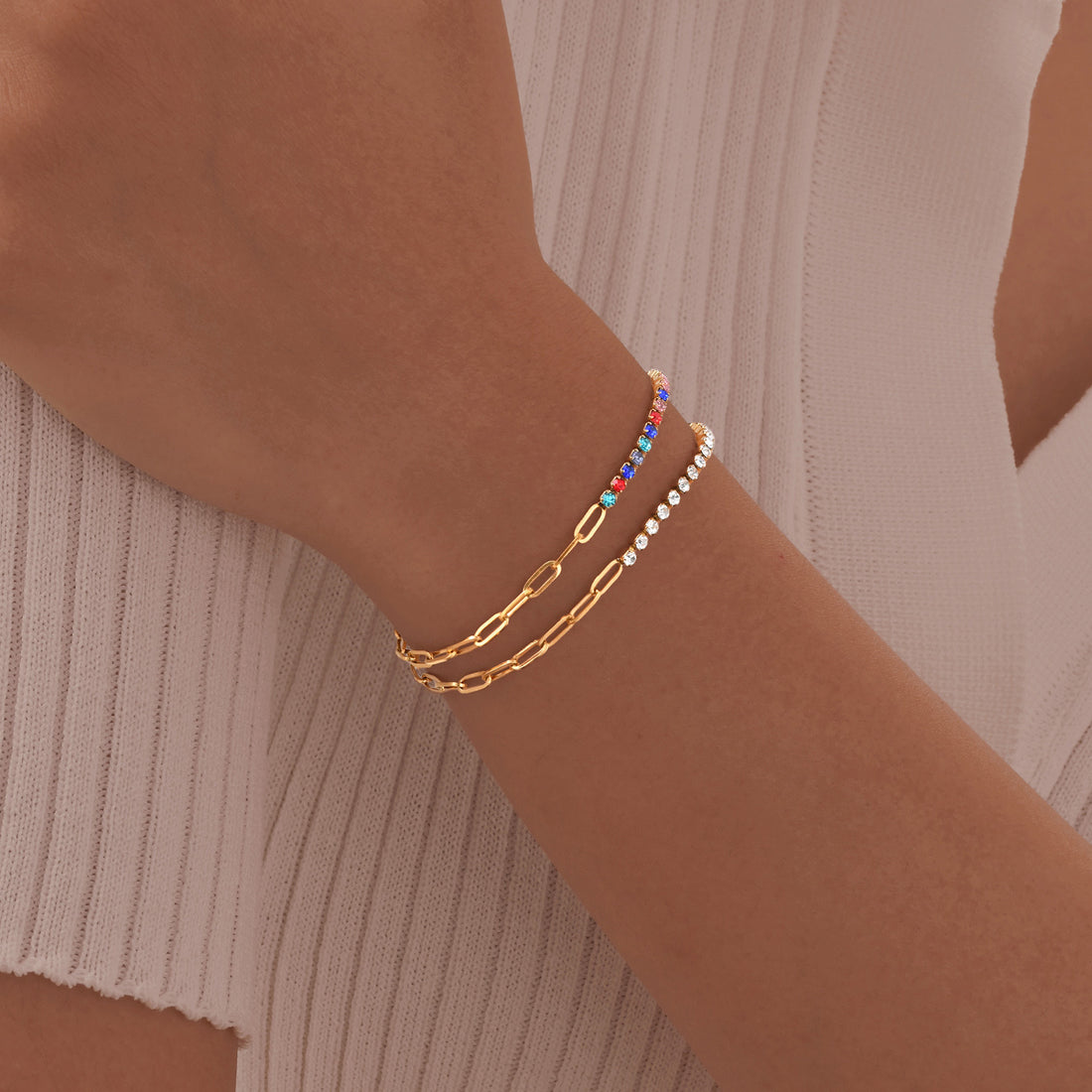 Bracelets dorés 18K duo maillons fins strass colorés zirconiums MAX FOR ME