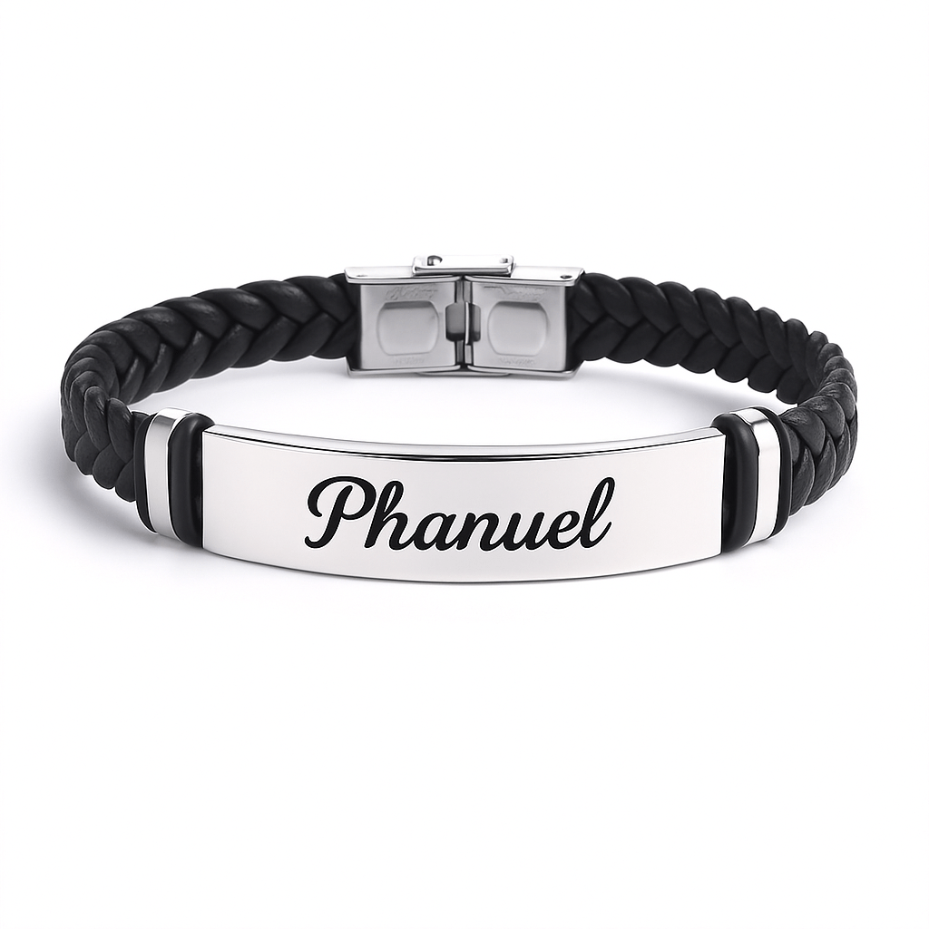 Bracelet personnalisé homme – Tressé avec plaque gravée prénom Noir Carmin MAX for ME