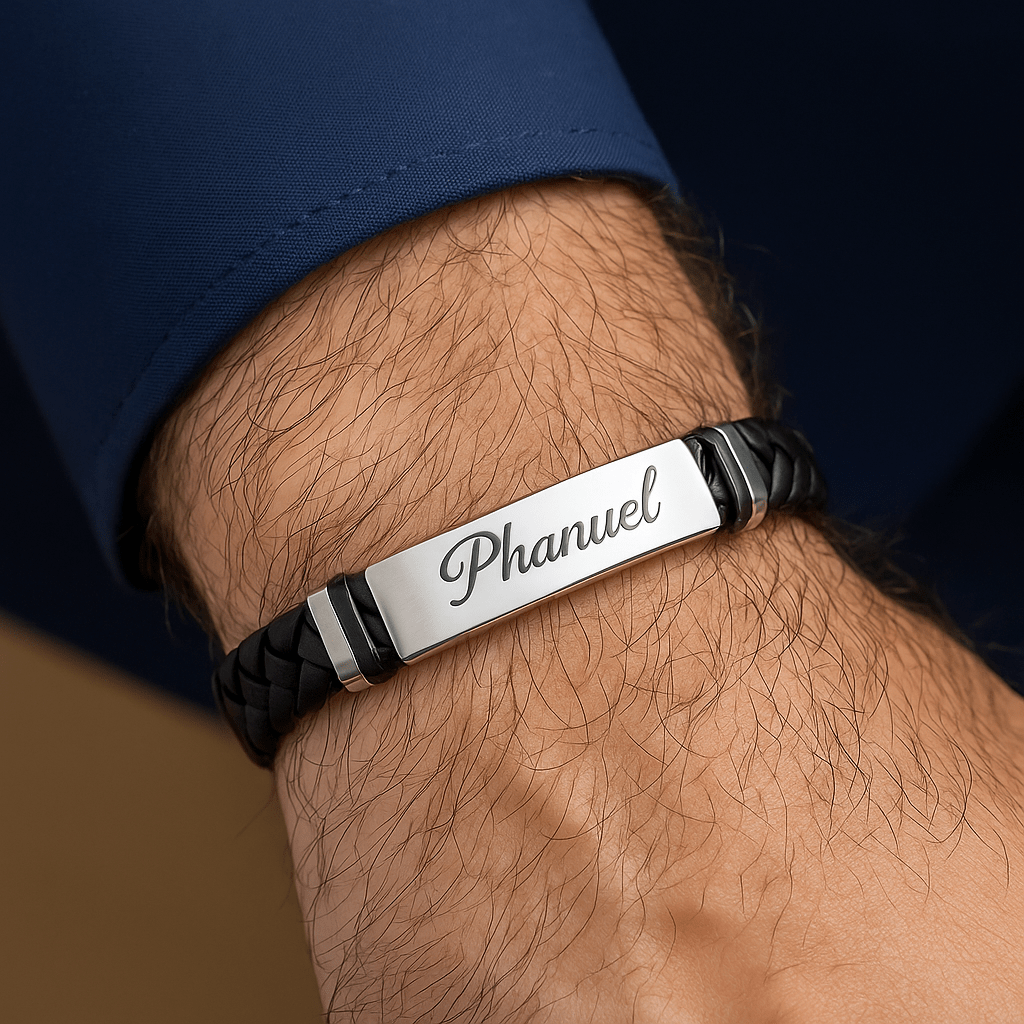 Bracelet personnalisé homme – Tressé avec plaque gravée prénom Noir Carmin MAX for ME