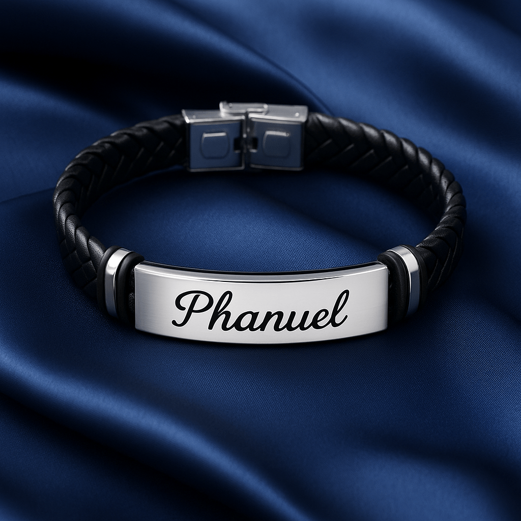 Bracelet personnalisé homme – Tressé avec plaque gravée prénom Noir Carmin MAX for ME