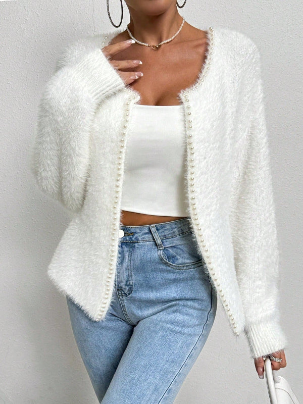 Cardigan col V femme blanc bordure perlée élégance MAX FOR ME