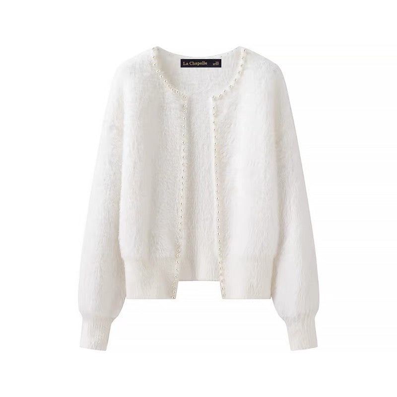Cardigan col V femme blanc bordure perlée élégance MAX FOR ME
