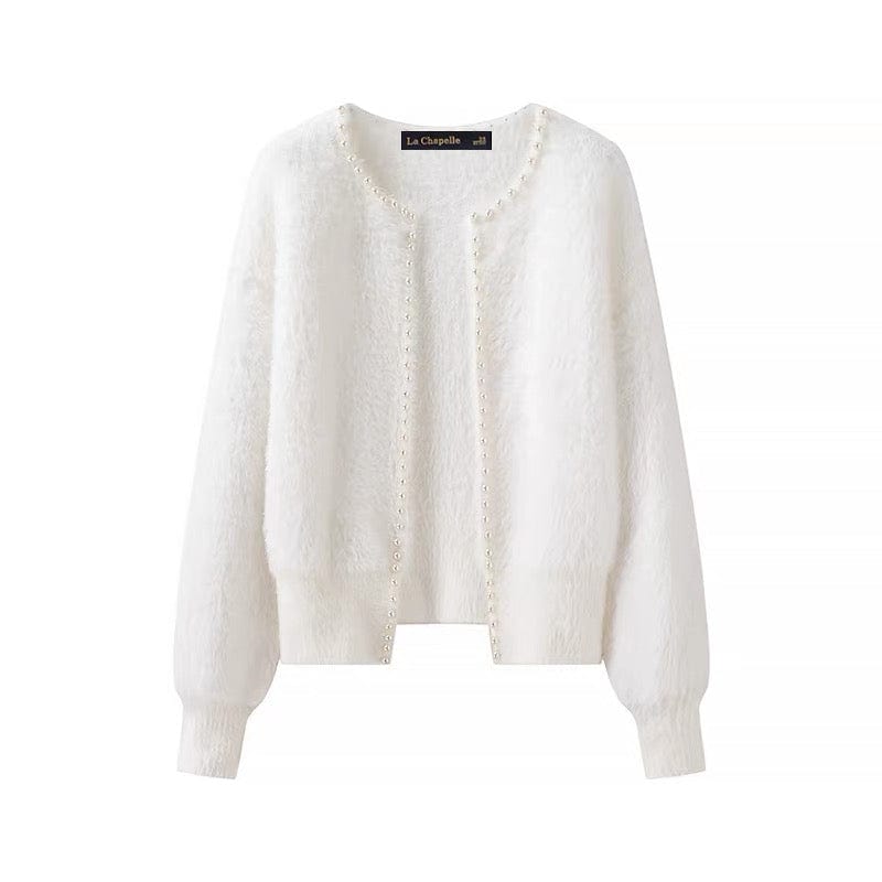 Cardigan col V femme bordure perlée élégance raffinée MAX FOR ME Blanc / S MAX FOR ME