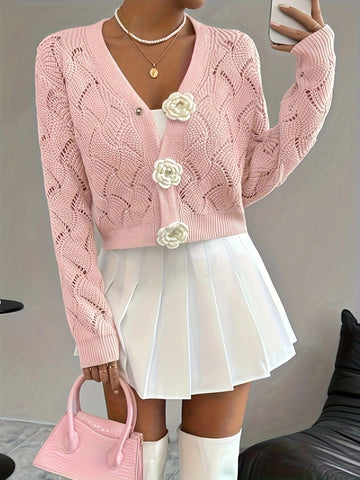 Cardigan court en maille à boutons fleurs - une touche de charme romantique - MAX FOR ME MAX for ME