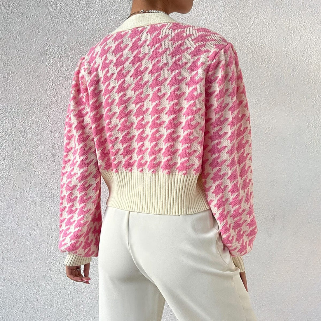 Cardigan court en maille pied-de-poule - manches bouffantes et style preppy - MAX FOR ME MAX FOR ME