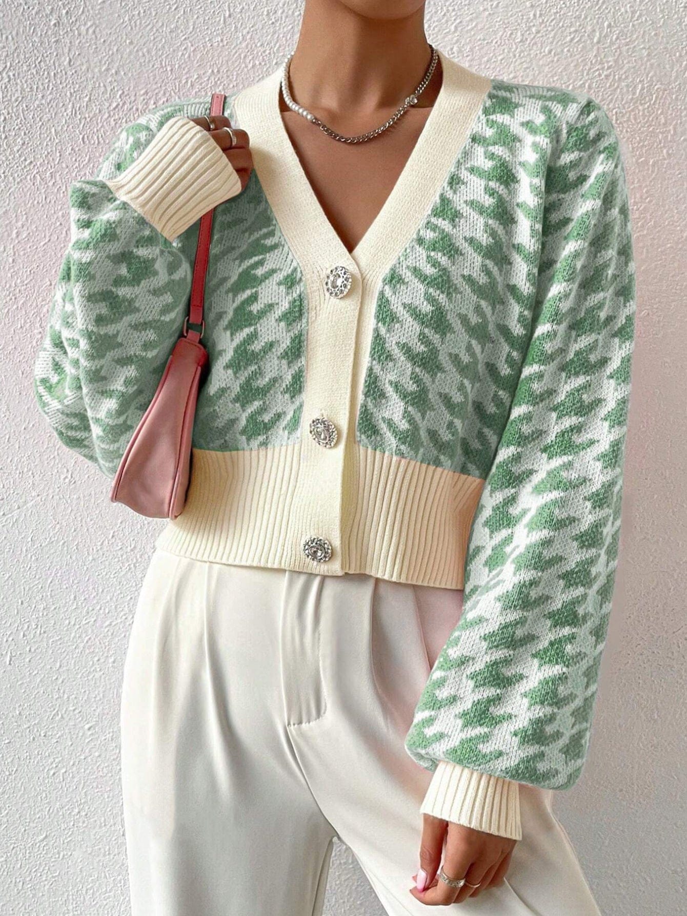 Cardigan court en maille pied-de-poule - manches bouffantes et style preppy - MAX FOR ME MAX FOR ME