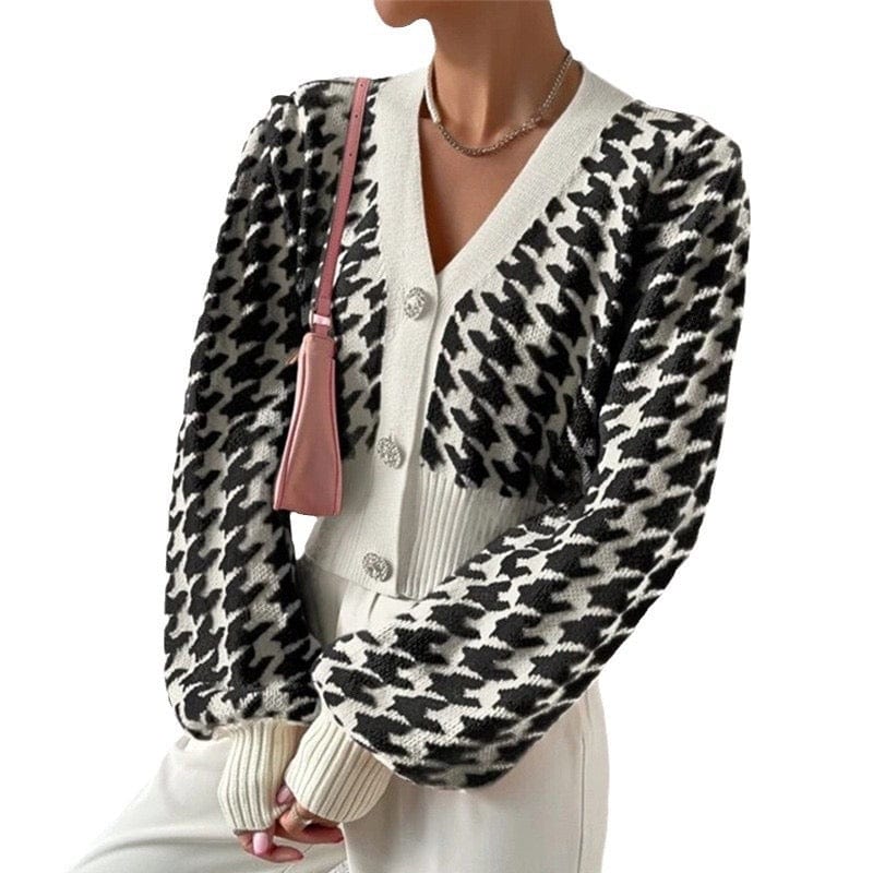 Cardigan court en maille pied-de-poule - manches bouffantes et style preppy - MAX FOR ME MAX FOR ME