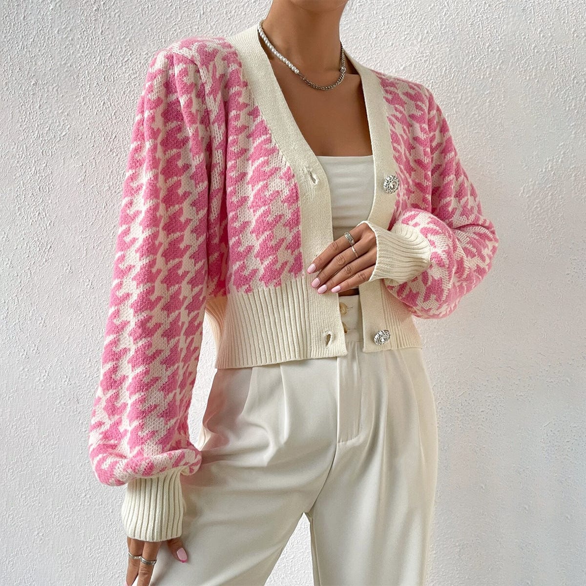 Cardigan court en maille pied-de-poule - manches bouffantes et style preppy - MAX FOR ME S / Rose clair MAX FOR ME