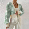 Cardigan court en maille pied-de-poule - manches bouffantes et style preppy - MAX FOR ME S / Vert MAX FOR ME