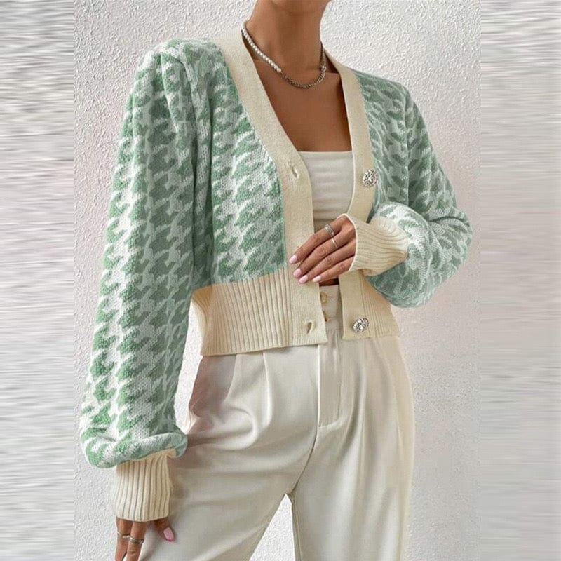 Cardigan court en maille pied-de-poule - manches bouffantes et style preppy - MAX FOR ME S / Vert MAX FOR ME