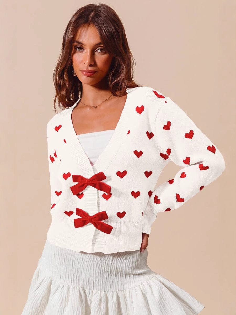 Cardigan court imprimé cœurs et nœud velours - charme et féminité - MAX FOR ME Blanc / S MAX for ME