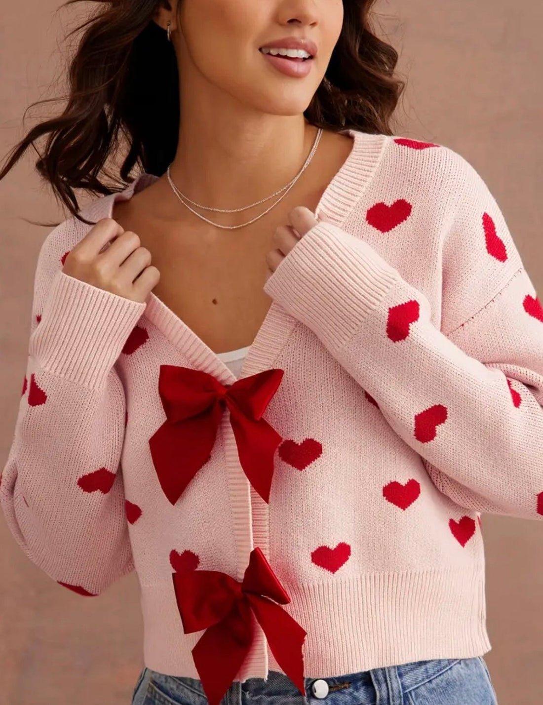 Cardigan court imprimé cœurs et nœud velours - charme et féminité - MAX FOR ME Rose Corail / S MAX for ME