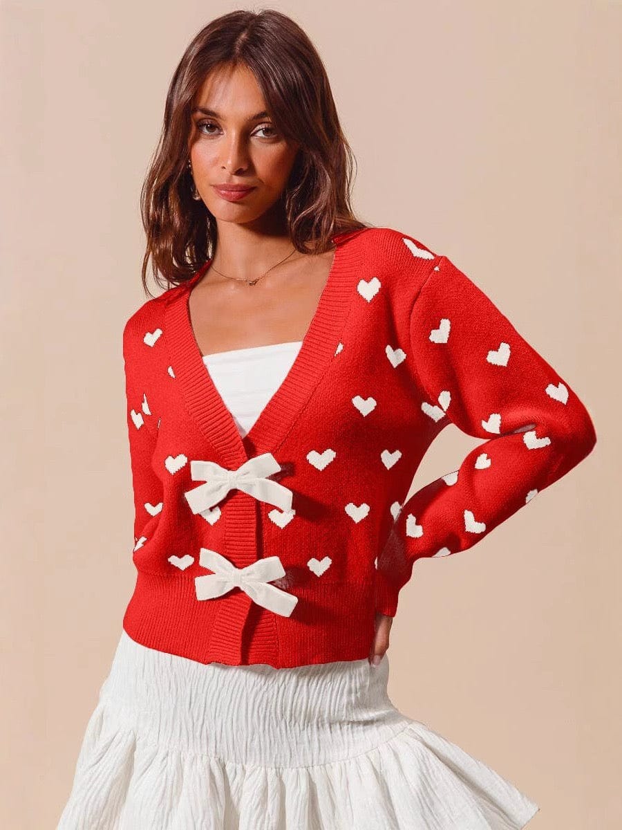 Cardigan court imprimé cœurs et nœud velours - charme et féminité - MAX FOR ME Rouge / S MAX for ME