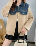 Cardigan femme denim et maille oversize automne-hiver Max for Me - Style urbain créatif Beige / S MAX for ME
