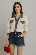 Cardigan femme ivoire maille détails denim poches - sophistication moderne - MAX FOR ME Beige / S MAX for ME