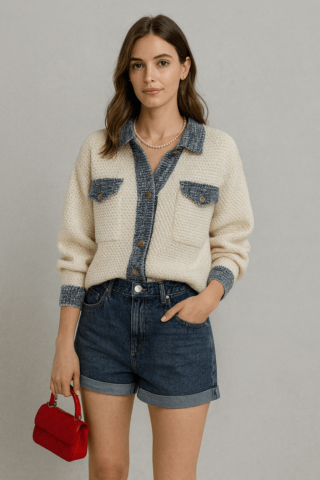 Cardigan femme ivoire maille détails denim poches - sophistication moderne - MAX FOR ME Beige / S MAX for ME