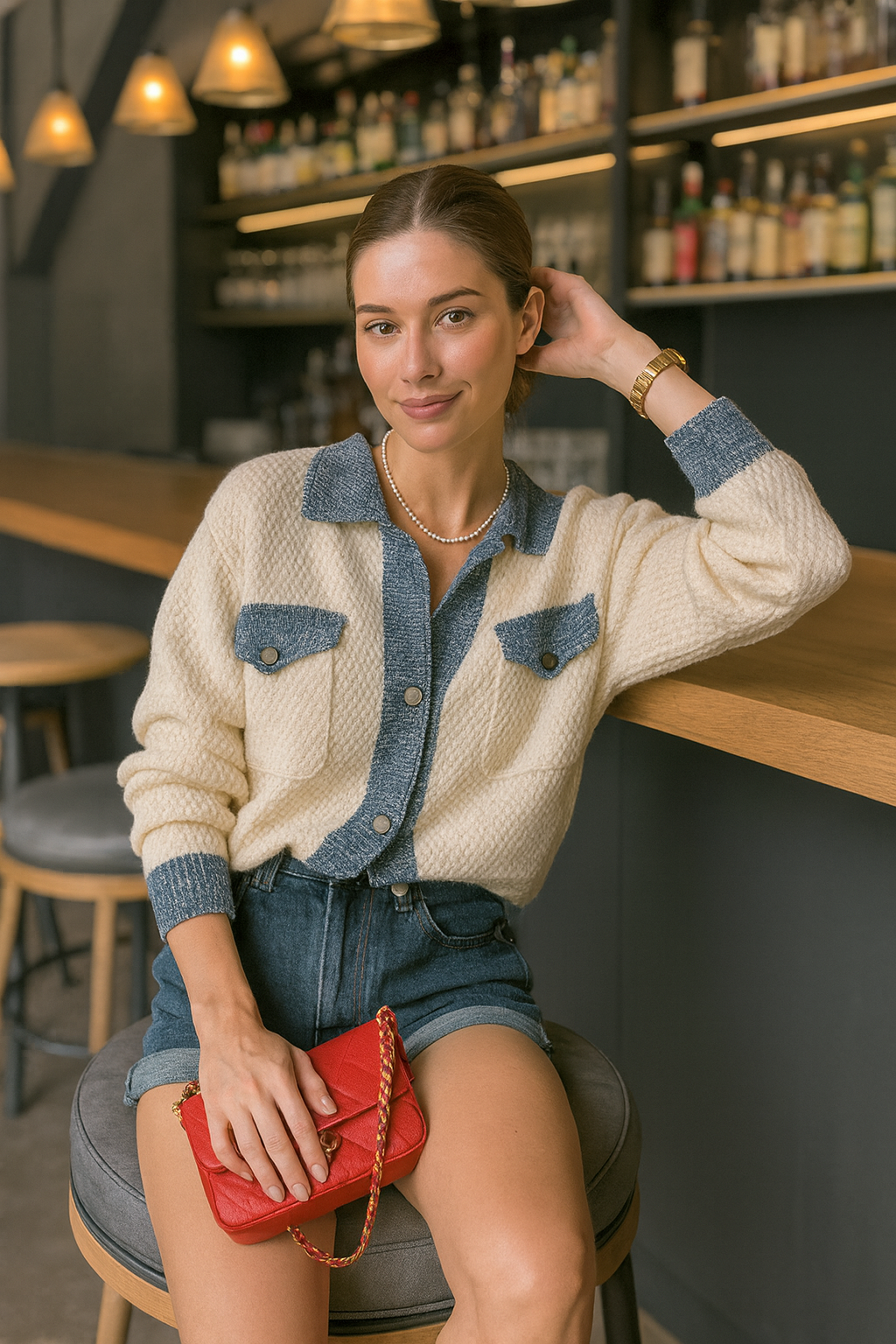 
Cardigan femme ivoire maille détails denim poches sophistiqué MAX FOR ME