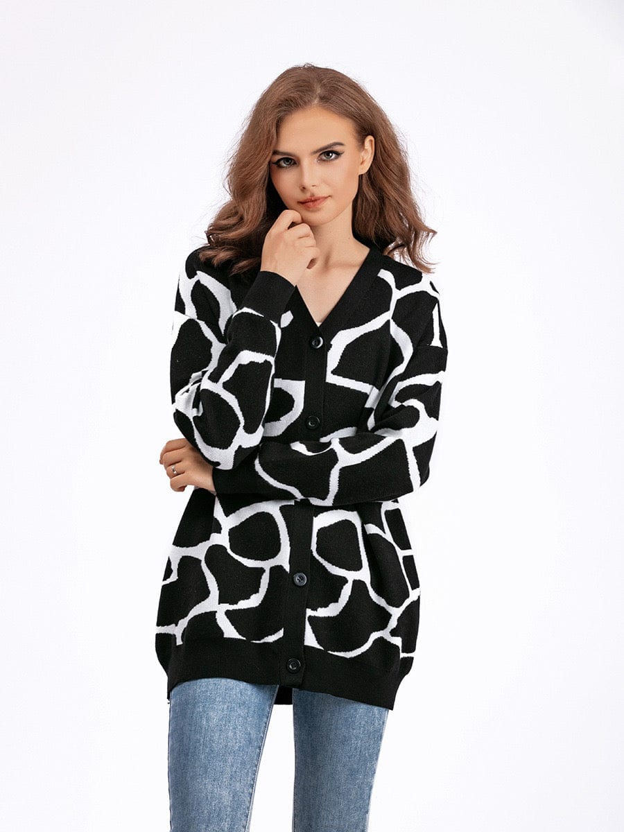 Cardigan femme long automne-hiver – gilet en maille à motif jacquard col V ample Vert crème / S MAX for ME