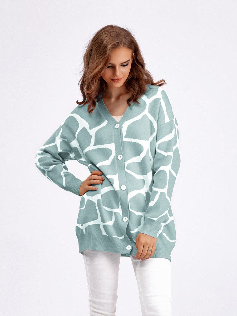 Cardigan femme long automne-hiver – gilet en maille à motif jacquard col V ample Vert crème / S MAX for ME