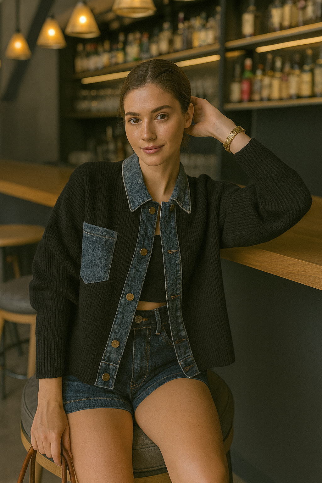 Cardigan noir détail denim sophistiqué moderne qualité MAX FOR ME