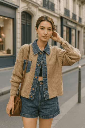 Cardigan femme noir maille détails denim chic moderne intemporel MAX FOR ME Beige / S MAX for ME
