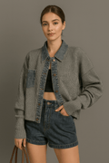 Cardigan femme noir maille détails denim chic moderne intemporel MAX FOR ME Gris foncé / S MAX for ME