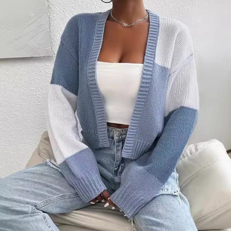 Cardigan gilet en maille tricolore à manches longues décontracté chic - MAX FOR ME Bleu ciel / S MAX FOR ME