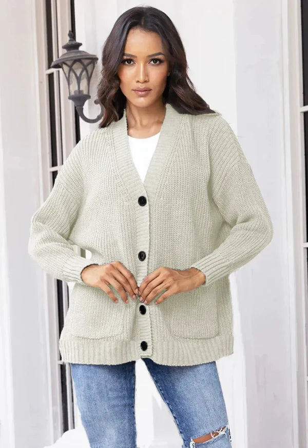 Cardigan laine col V femme kaki mi-long boutonné MAX FOR ME