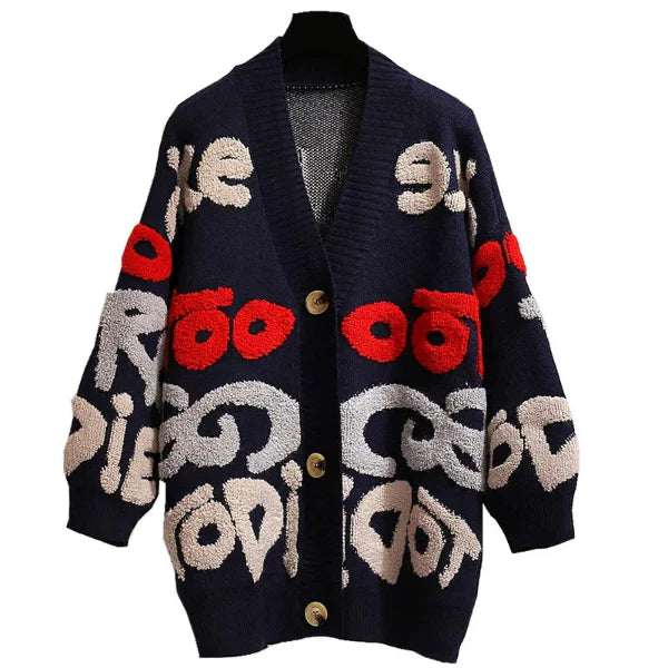 Cardigan laine oversize femme détail motif lettre premium