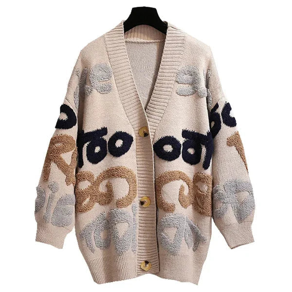 Cardigan laine oversize femme beige motif lettre urbain MAX FOR ME