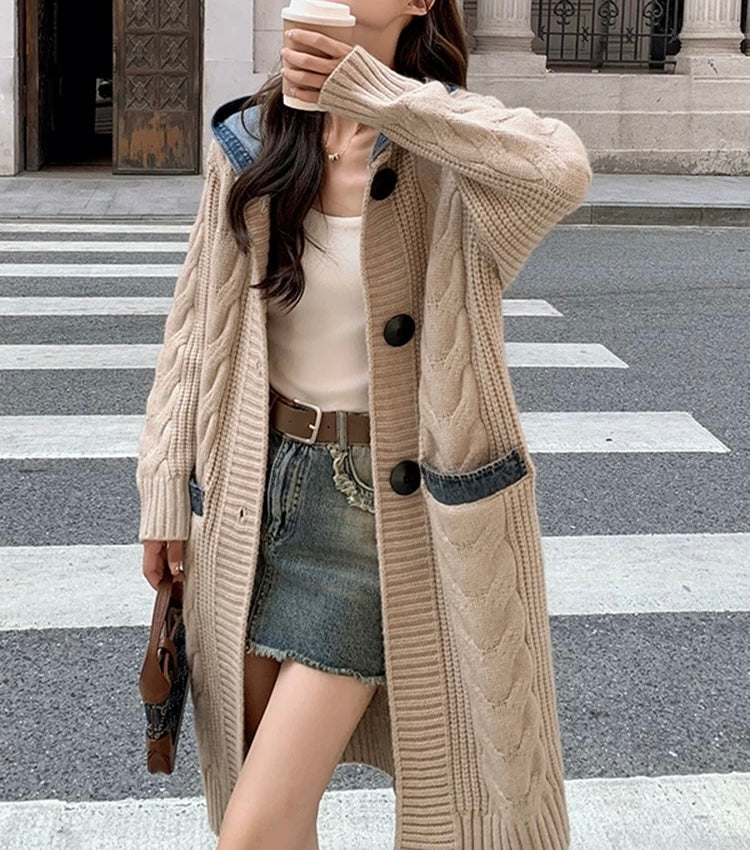Cardigan long capuche beige maille épaisse oversize porté MAX FOR ME
