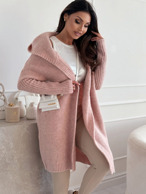 Cardigan long capuche femme rose poudré cocooning moderne MAX FOR ME