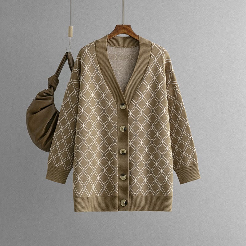 Cardigan motif losanges col V maille ample automne hiver MAX FOR ME S / Beige MAX for ME