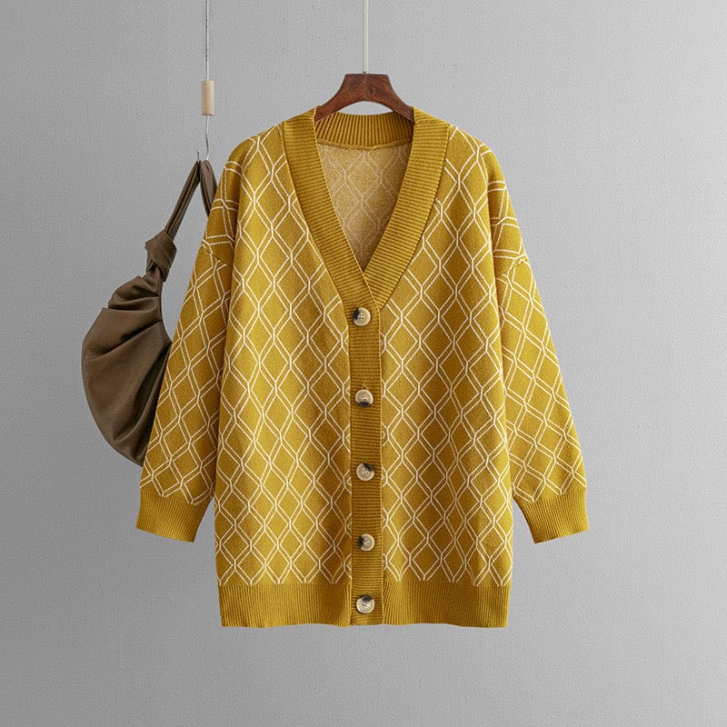Cardigan motif losanges col V maille ample automne hiver MAX FOR ME S / Jaune citron MAX for ME