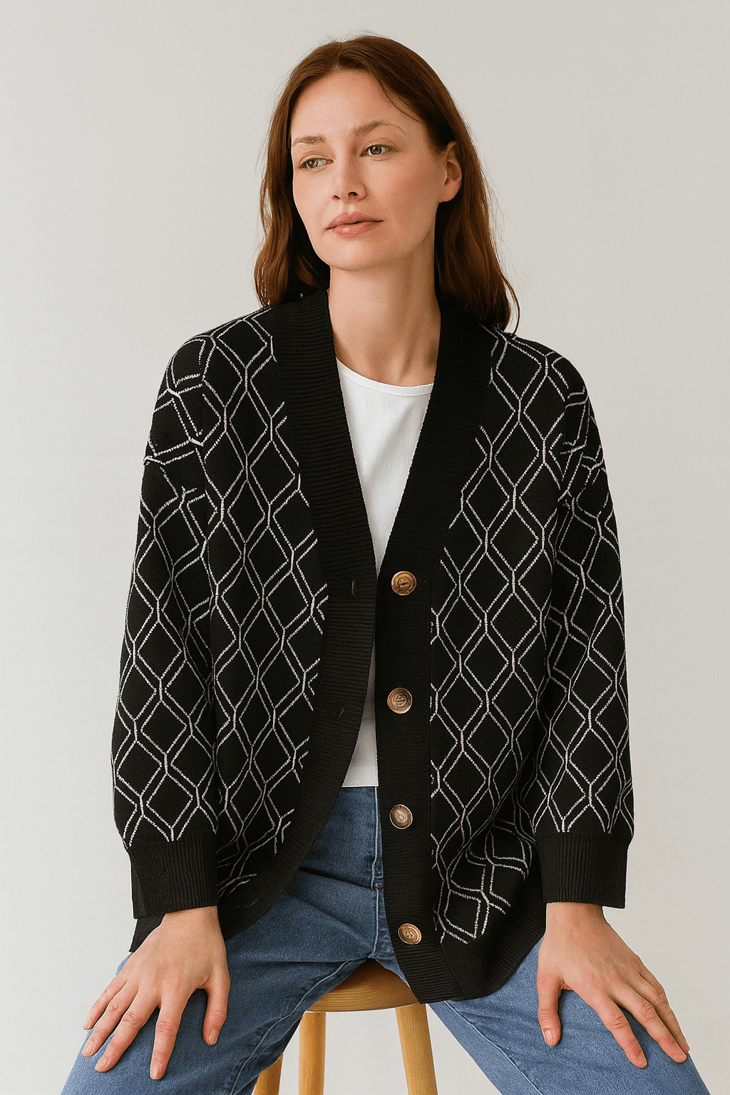 Cardigan motif losanges col V maille ample automne hiver MAX FOR ME S / Noir MAX for ME