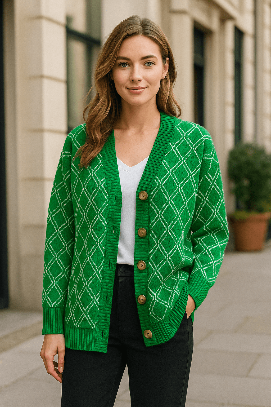 Cardigan motif losanges col V maille ample automne hiver MAX FOR ME S / Vert Foncé MAX for ME