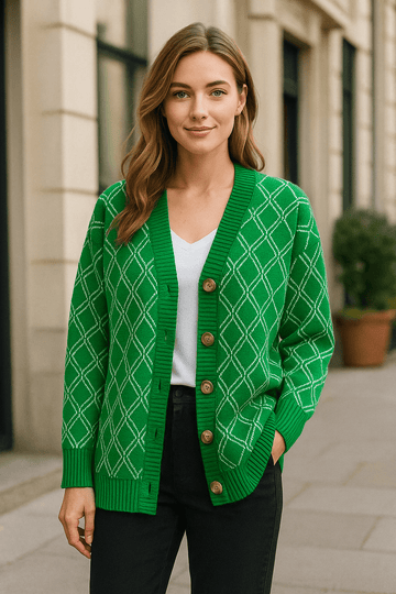 Cardigan motif losanges col V maille ample automne hiver MAX FOR ME S / Vert Foncé MAX for ME