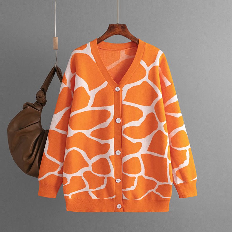 Cardigan orange vif jacquard moderne longueur parfaite MAX FOR ME