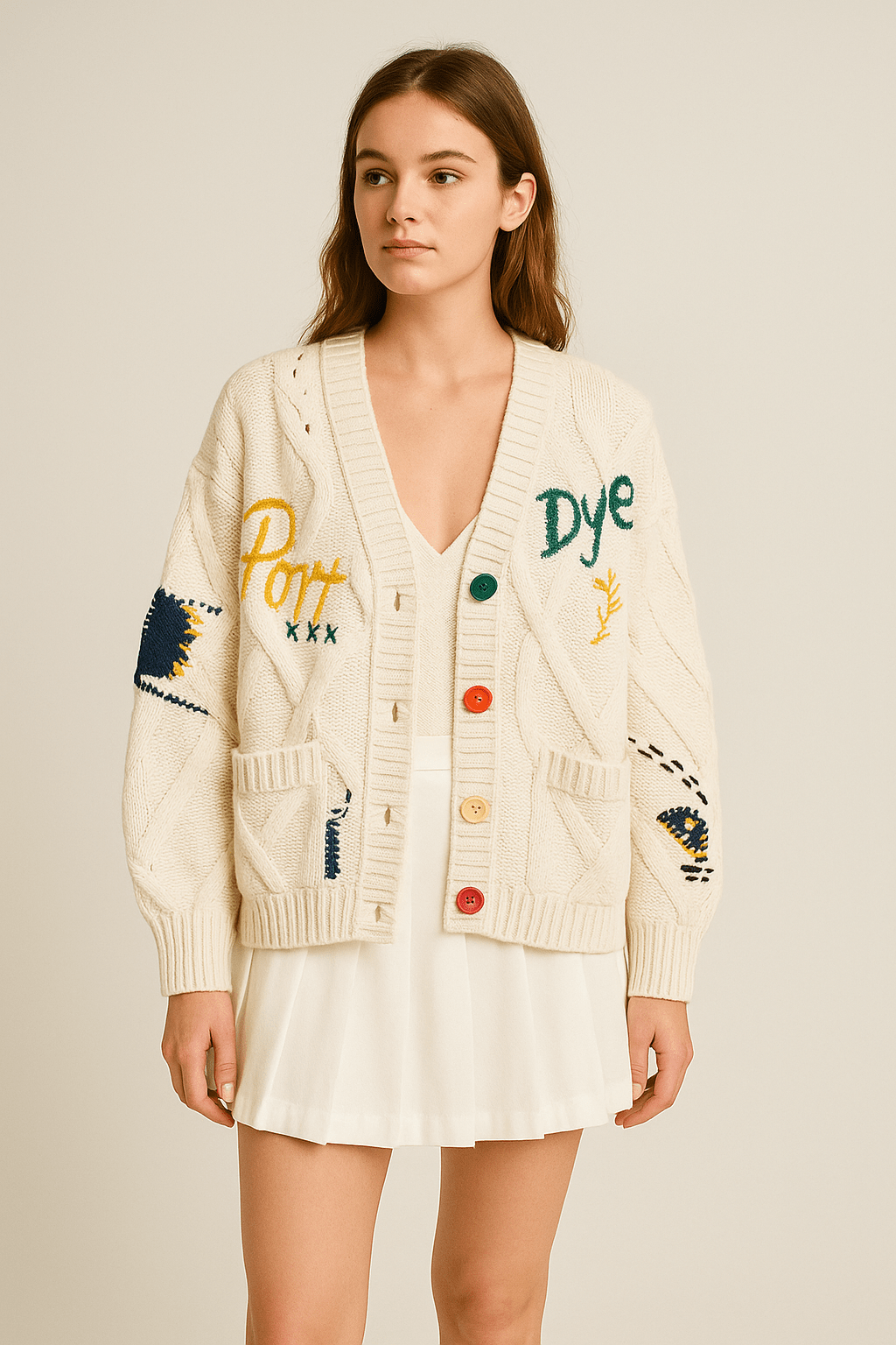 Cardigan oversize brodé "Arty" - un style créatif et unique - MAX FOR ME S / Blanc Cassé MAX for ME