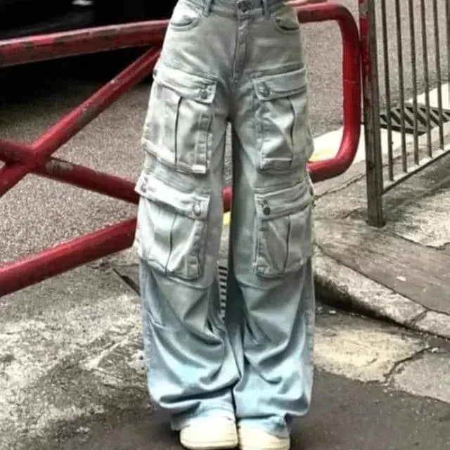 MAX for ME 38 Cargo Jean Large en Denim Clair avec Poches Multiples