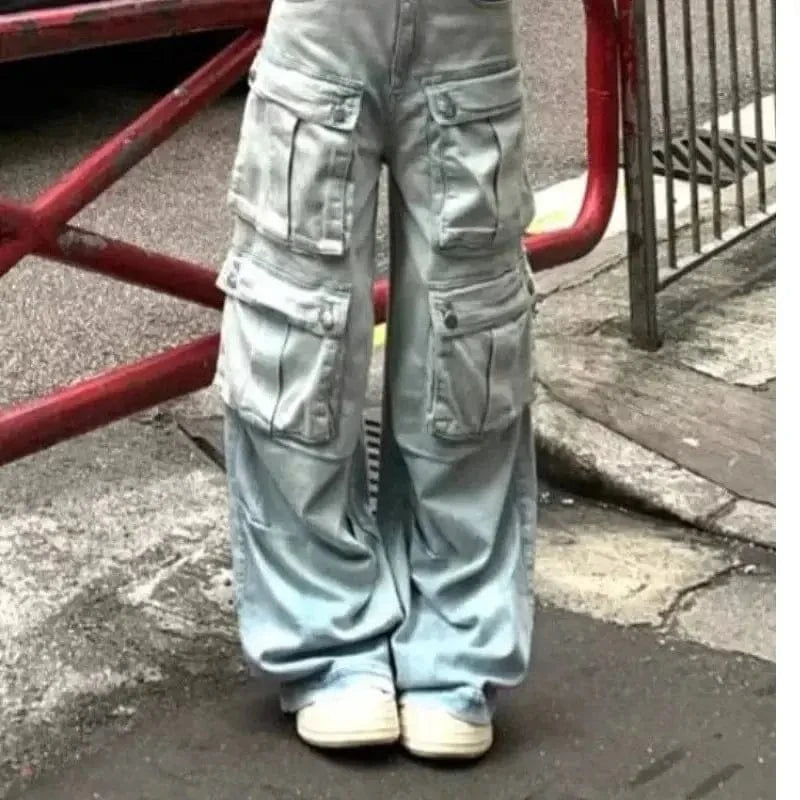 MAX for ME Cargo Jean Large en Denim Clair avec Poches Multiples