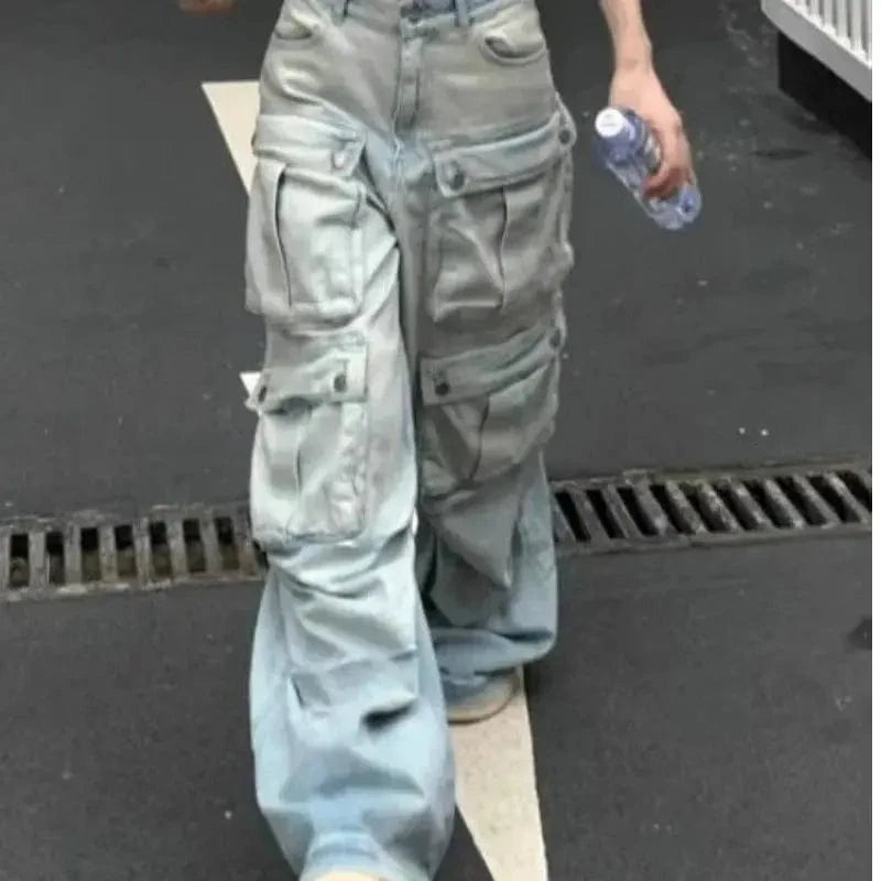 MAX for ME 36 Cargo Jean Large en Denim Clair avec Poches Multiples