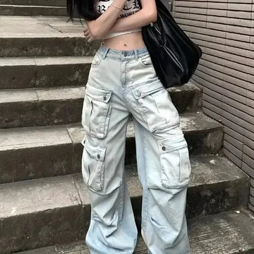 MAX for ME 42 Cargo Jean Large en Denim Clair avec Poches Multiples