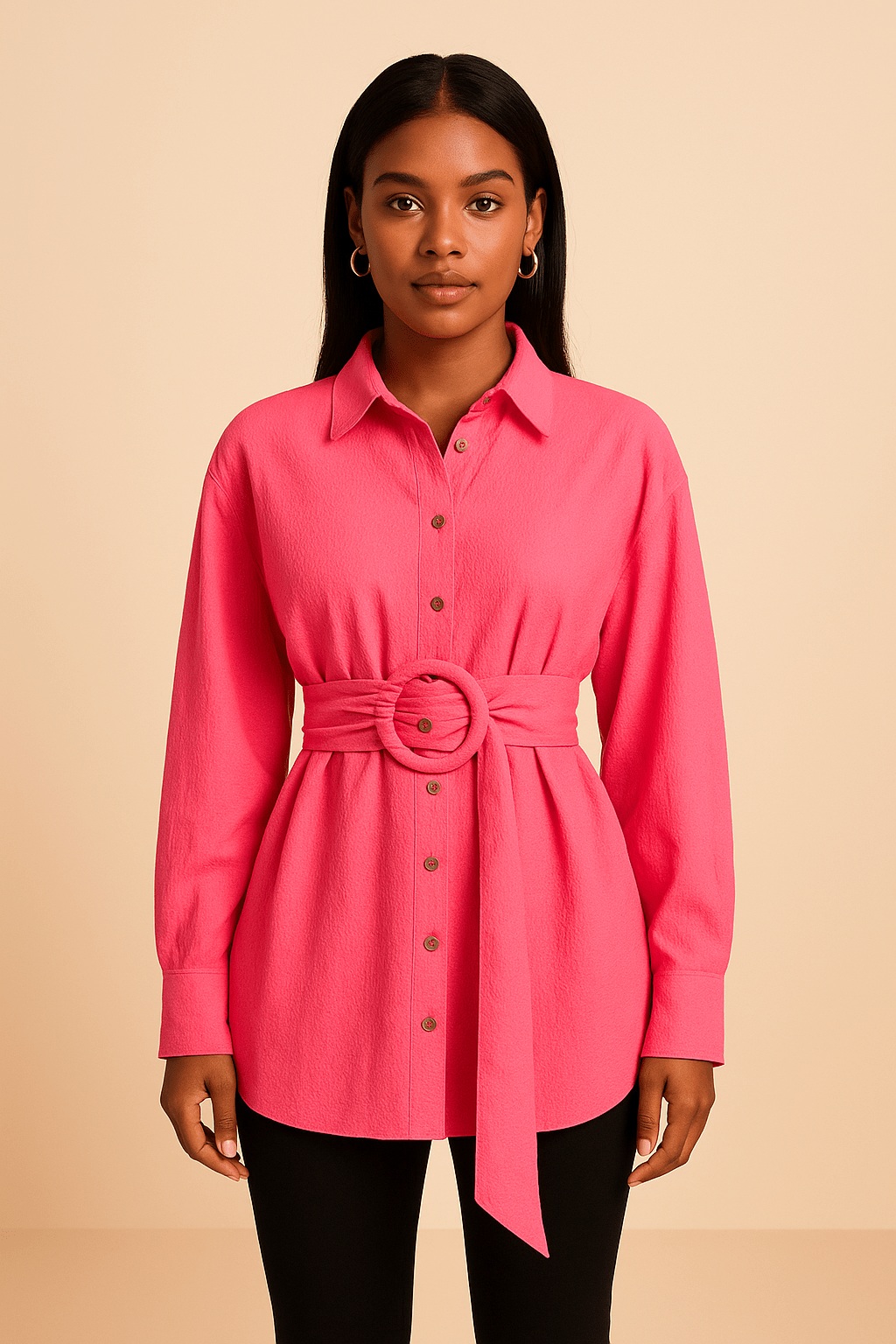 Bluse mit Gürtel, Knöpfen und runder Schnalle 