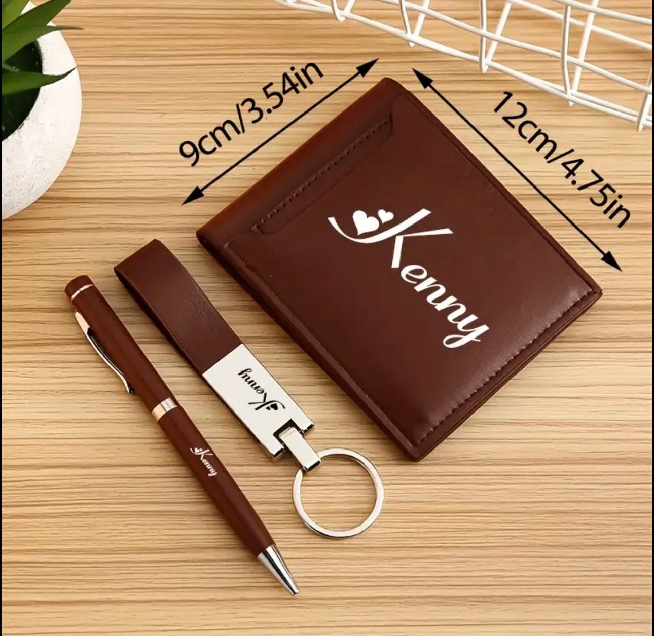 Coffret Cadeau Personnalisé Homme – Portefeuille, Stylo et Porte-clé Gravés Marron MAX for ME