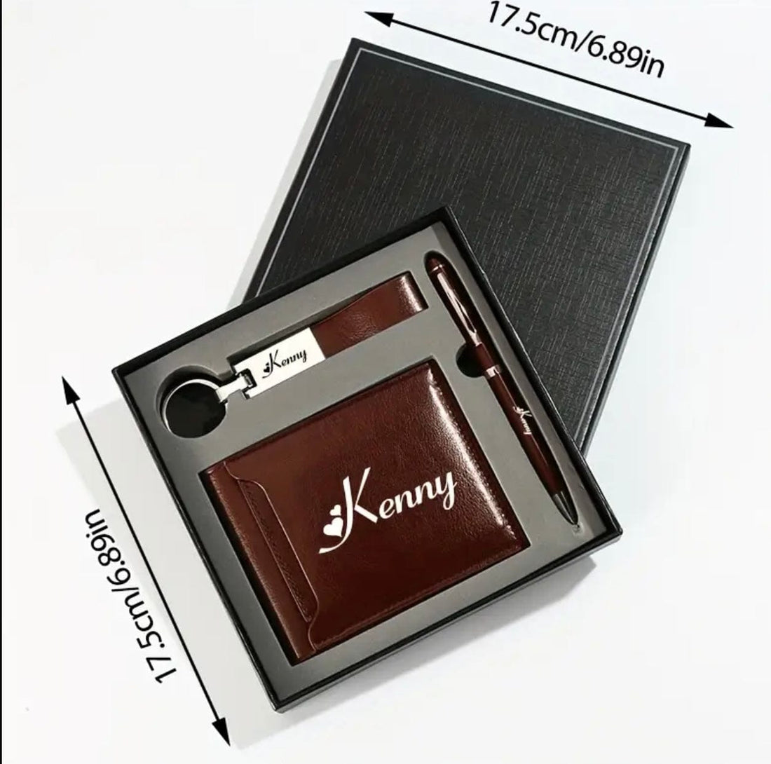 Coffret Cadeau Personnalisé Homme – Portefeuille, Stylo et Porte-clé Gravés Marron MAX for ME